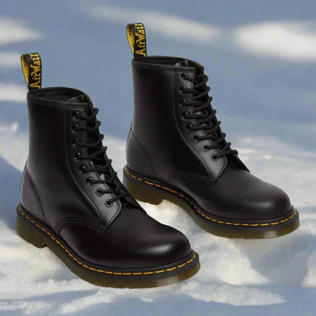 Black Women's Lace-Up Combat Boots with Round Toe & Durable Sole - Pair Front Angled
