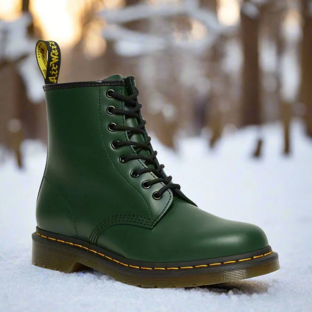 Women's Lace-Up Combat Boots with Round Toe & Durable Sole - Side Pose Snow