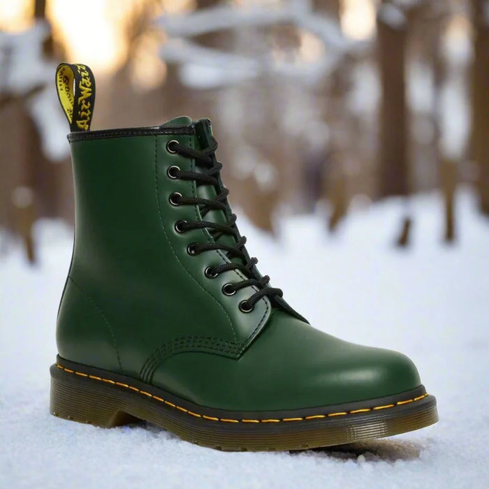 Women's Lace-Up Combat Boots with Round Toe & Durable Sole - Side Pose Snow