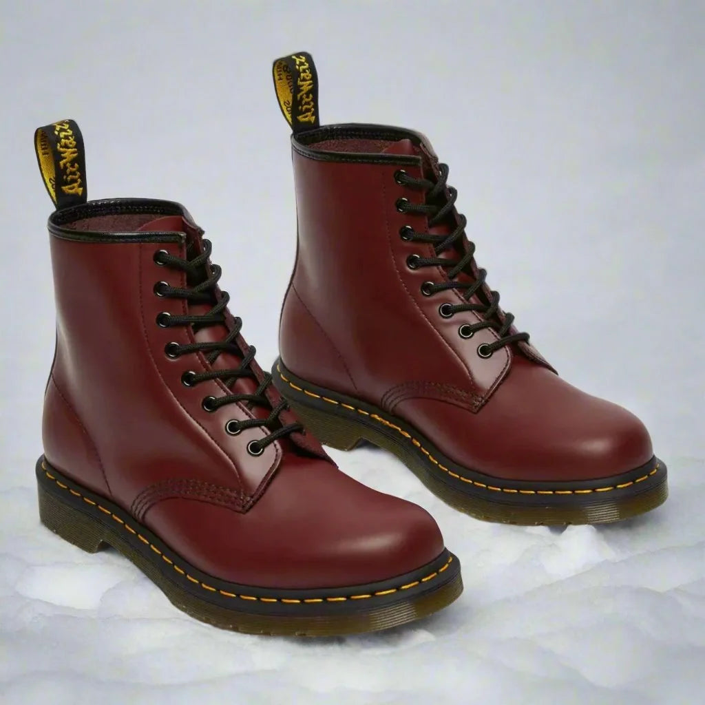 Burgundy Women's Lace-Up Combat Boots with Round Toe & Durable Sole - Pair Side Studio
