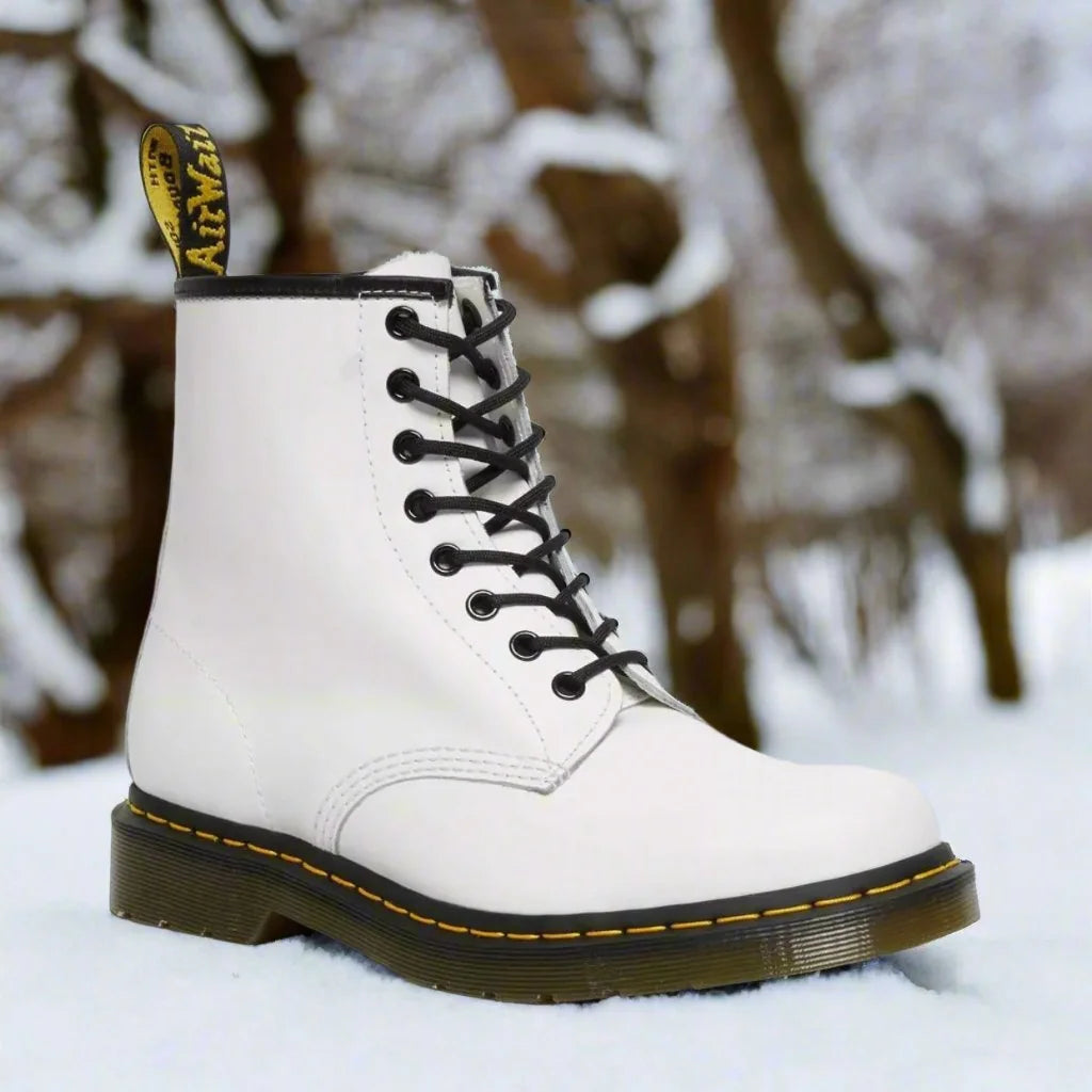 White Women's Lace-Up Combat Boots with Round Toe & Durable Sole