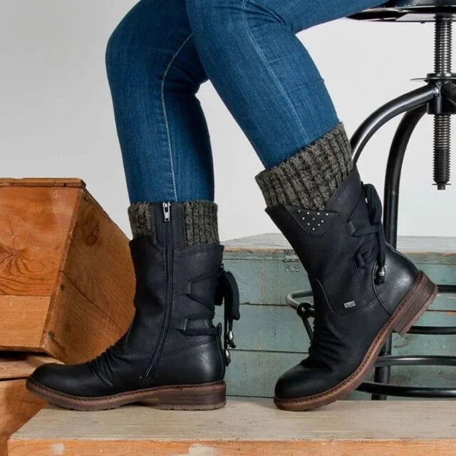 Black Women's Lace-Up Mid-Calf Winter Boots with Studded Panel & Side Zip - Worn Seated Chair