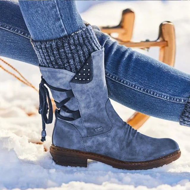 Blue Women's Lace-Up Mid-Calf Winter Boots with Studded Panel & Side Zip - Side Closeup Snow