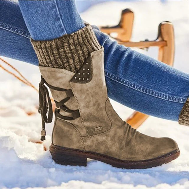 Brown Women's Lace-Up Mid-Calf Winter Boots with Studded Panel & Side Zip - Side Closeup Outdoor