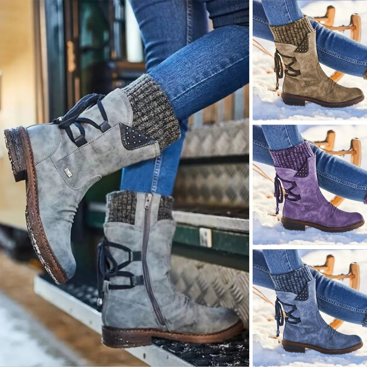 Women's Lace-Up Mid-Calf Winter Boots with Studded Panel & Side Zip - Collage Multiple Colors