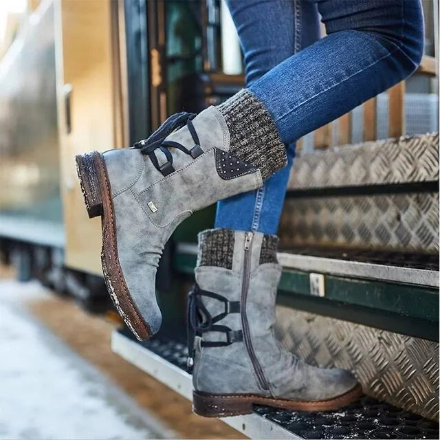 Grey Women's Lace-Up Mid-Calf Winter Boots with Studded Panel & Side Zip - Worn Lifestyle Steps