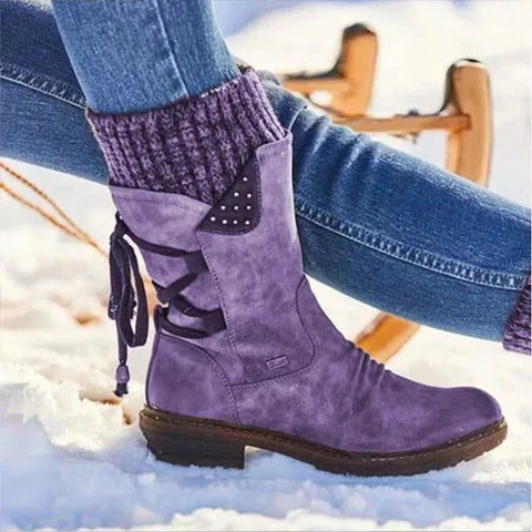 Lilac Women's Lace-Up Mid-Calf Winter Boots with Studded Panel & Side Zip - Side Closeup Studio