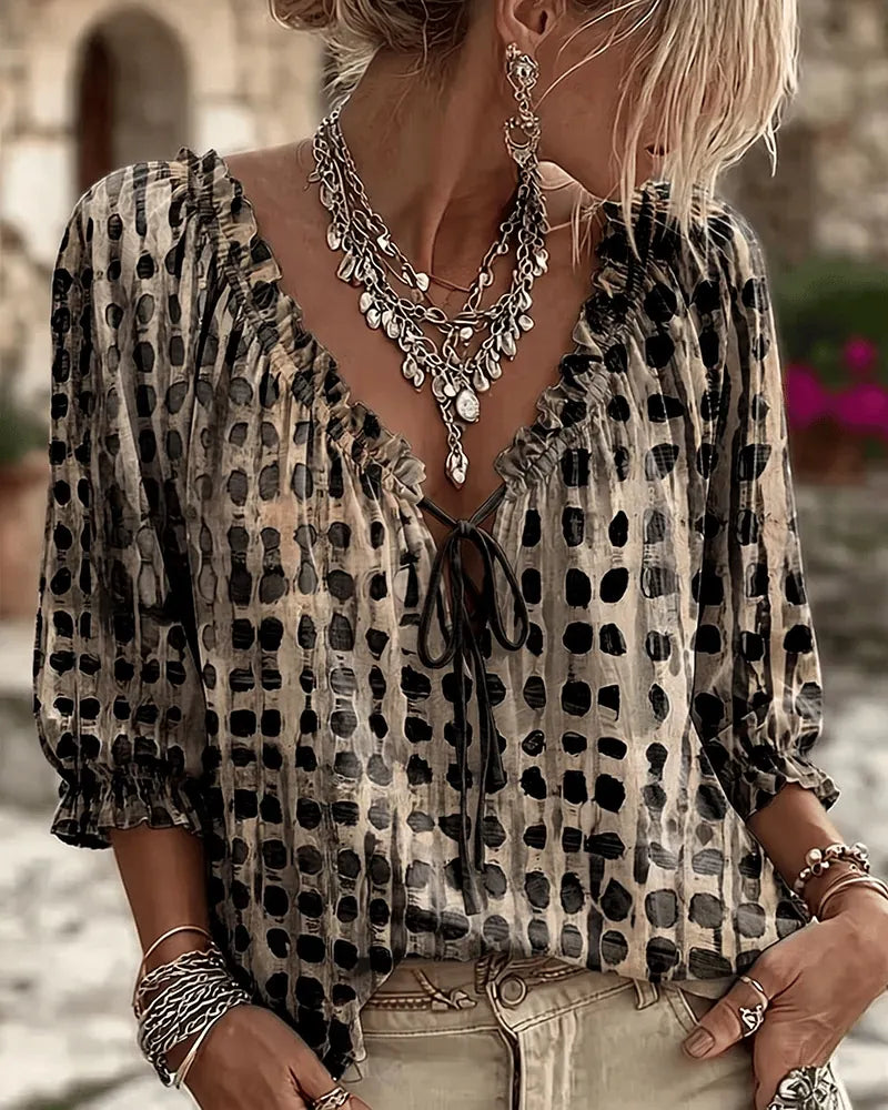 Black Women's Lace Up Blouse with Ruffled V-Neck & Puff Sleeves