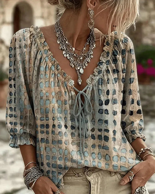 Blue Women's Lace Up Blouse with Ruffled V-Neck & Puff Sleeves