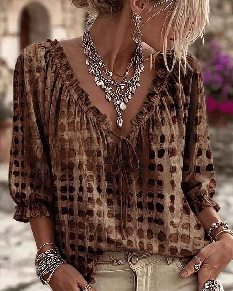 Brown Women's Lace Up Blouse with Ruffled V-Neck & Puff Sleeves