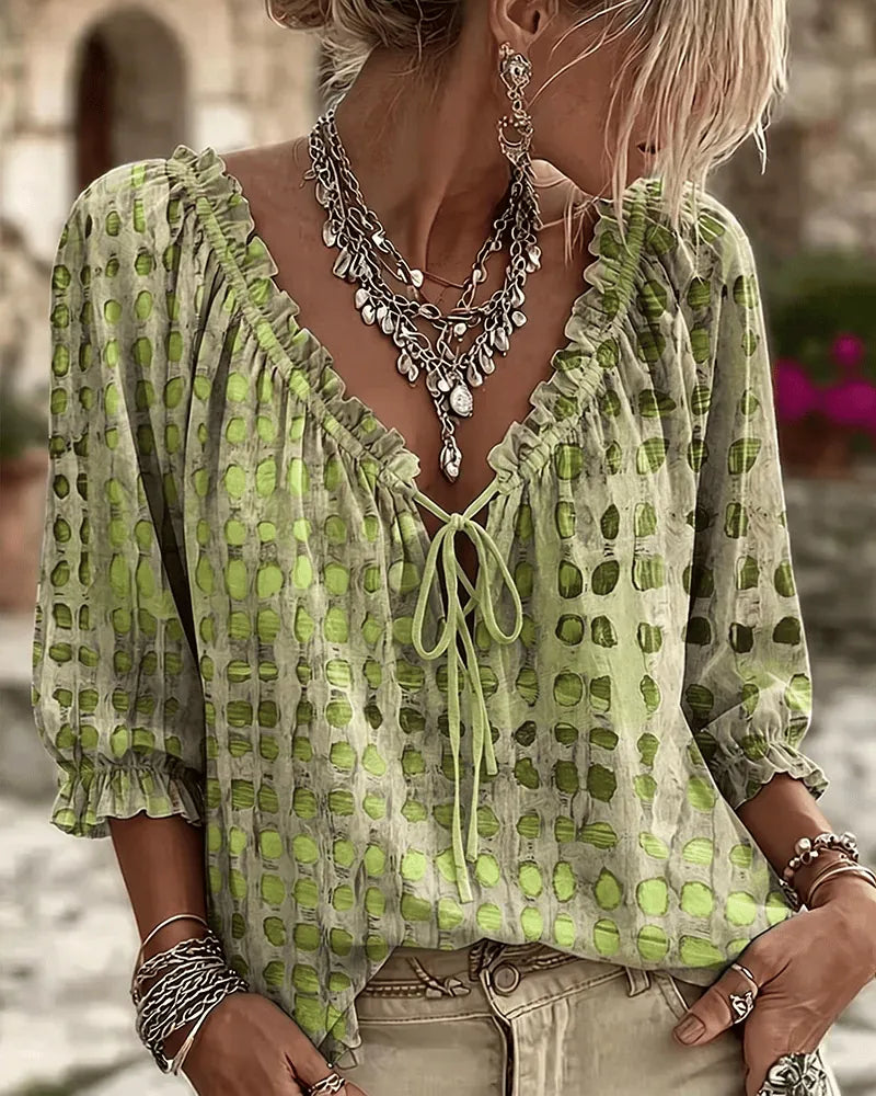 Green Women's Lace Up Blouse with Ruffled V-Neck & Puff Sleeves