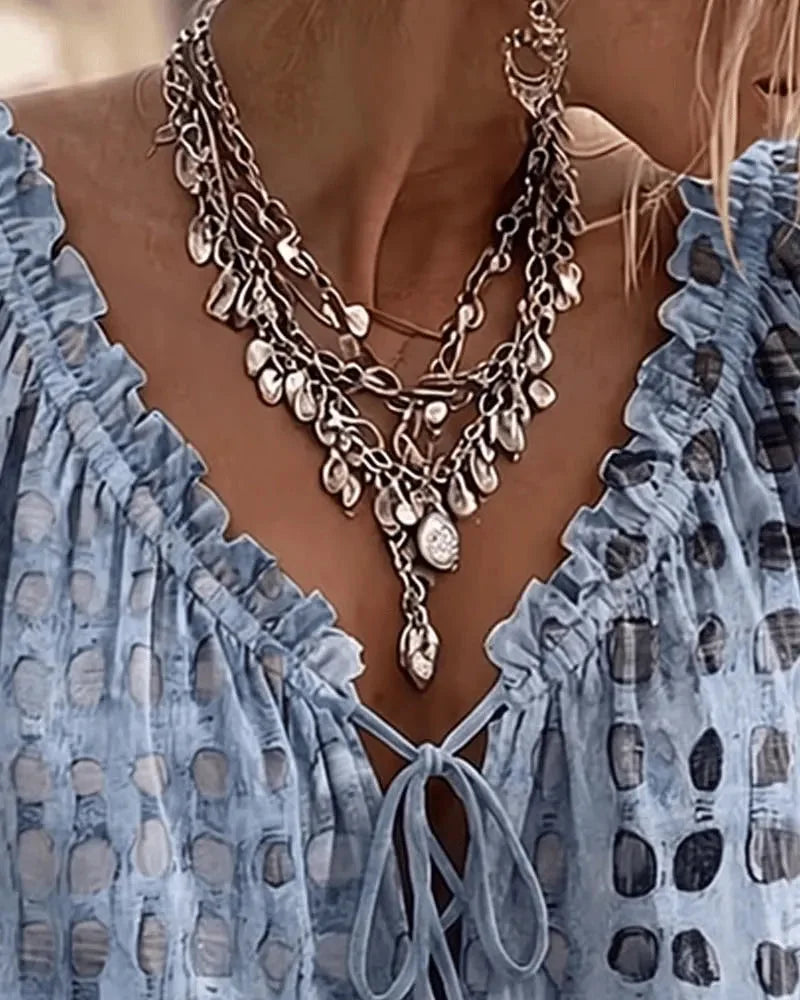 Women's Lace Up Blouse with Ruffled V-Neck & Puff Sleeves - Blue Close Up Neckline