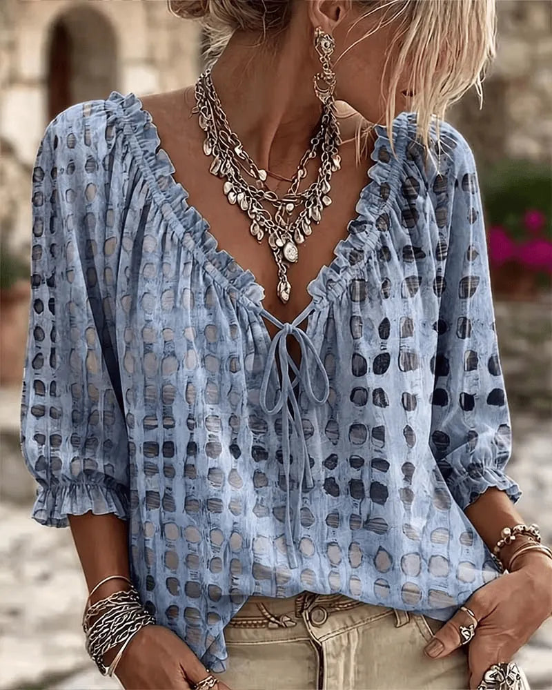 Misty Blue Women's Lace Up Blouse with Ruffled V-Neck & Puff Sleeves