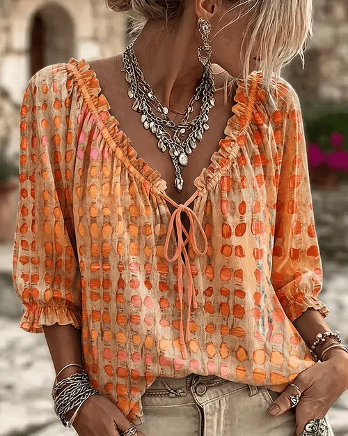 Orange Women's Lace Up Blouse with Ruffled V-Neck & Puff Sleeves