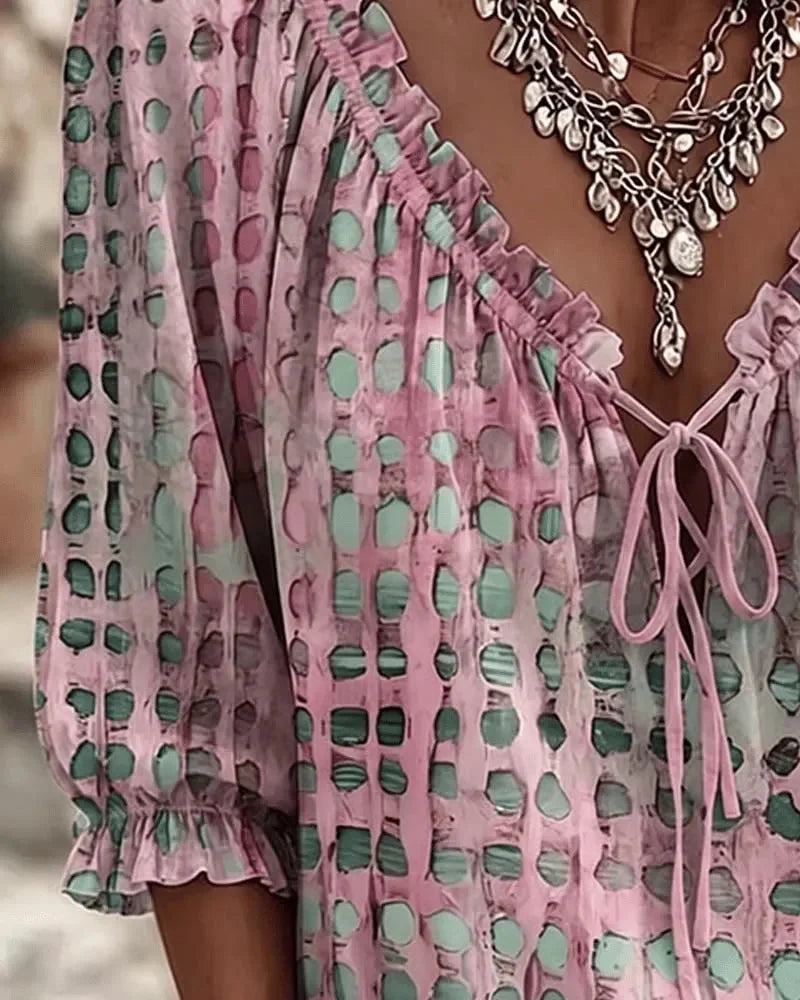 Women's Lace Up Blouse with Ruffled V-Neck & Puff Sleeves - Close Up Sleeve