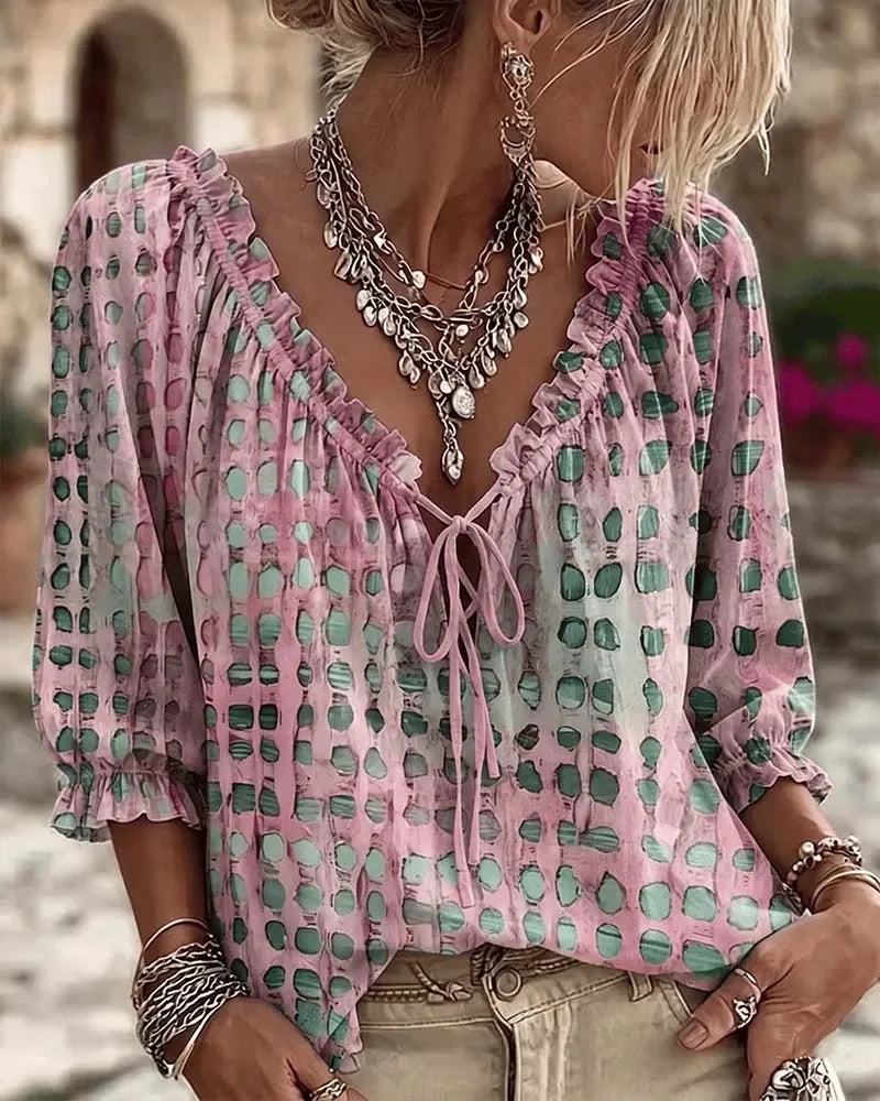 Pink Women's Lace Up Blouse with Ruffled V-Neck & Puff Sleeves