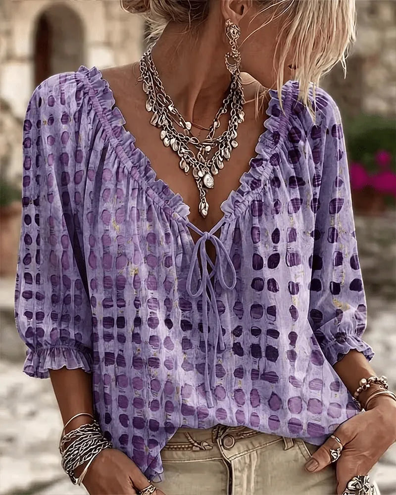 Purple Women's Lace Up Blouse with Ruffled V-Neck & Puff Sleeves
