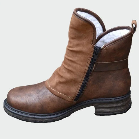 Brown Women's Leather Country Boots with Cozy Fur Lining & Side Zip - Side Profile