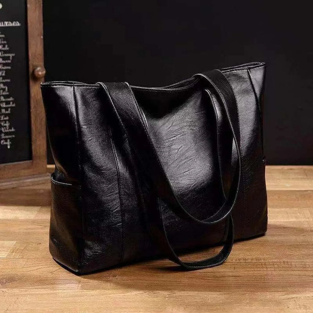 Black Women's Leather Shoulder Bag with Exterior Side Pockets