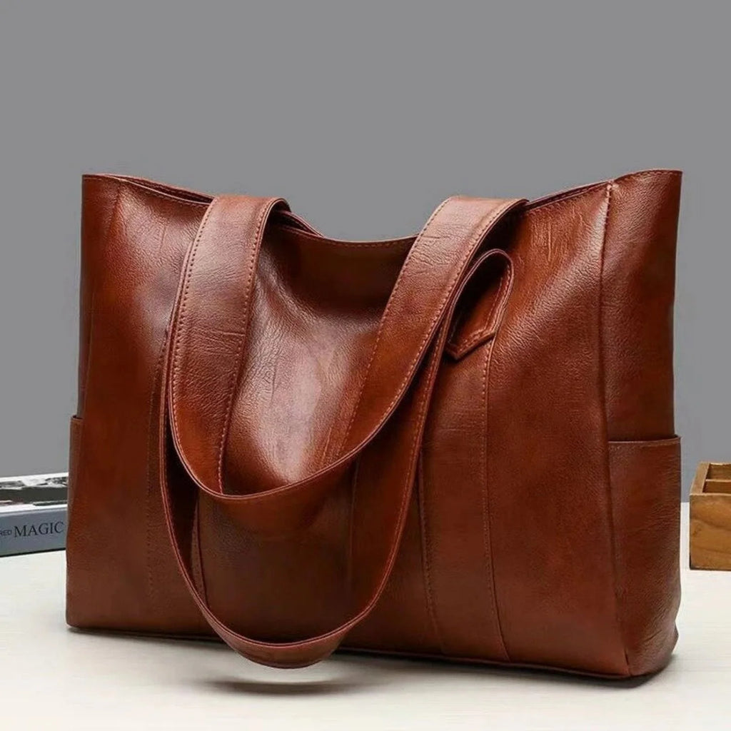 Brown Women's Leather Shoulder Bag with Exterior Side Pockets