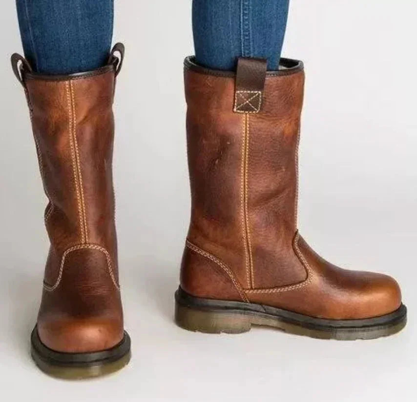 Brown Women's Leather Winter Boots with Pull-On Design & Round Toe — Lena