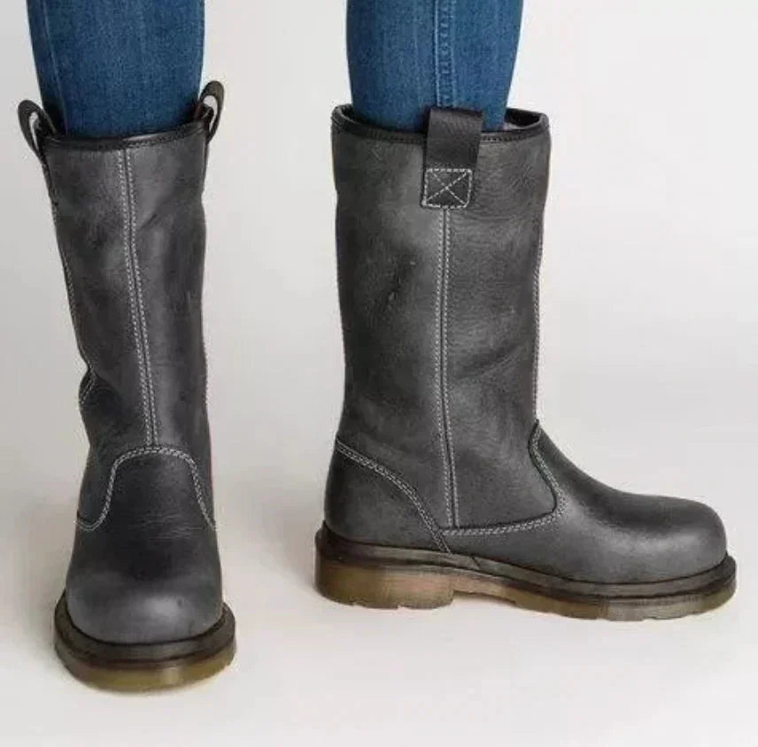 Grey Women's Leather Winter Boots with Pull-On Design & Round Toe — Lena