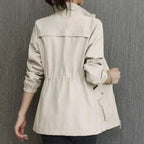Beige Women's Lightweight Zip-Up Bomber Jacket with Drawstring Waist & Stand Collar — Mira
