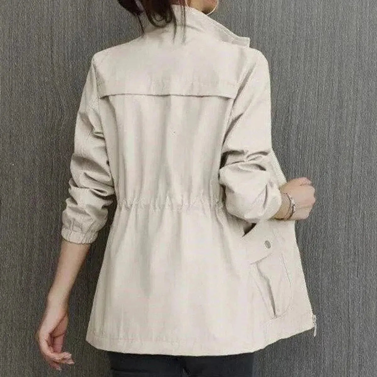 Beige Women's Lightweight Zip-Up Bomber Jacket with Drawstring Waist & Stand Collar — Mira