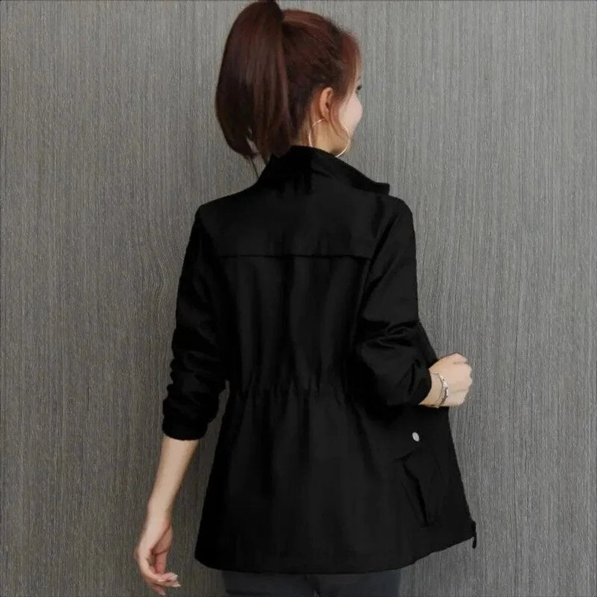 Black Women's Lightweight Zip-Up Bomber Jacket with Drawstring Waist & Stand Collar — Mira