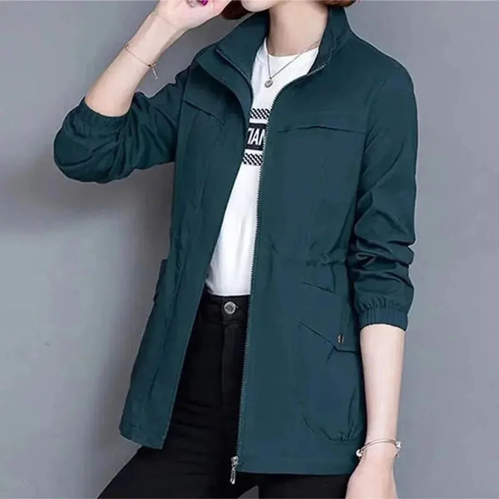 Blue Women's Lightweight Zip-Up Bomber Jacket with Drawstring Waist & Stand Collar — Mira