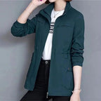 Blue Women's Lightweight Zip-Up Bomber Jacket with Drawstring Waist & Stand Collar — Mira