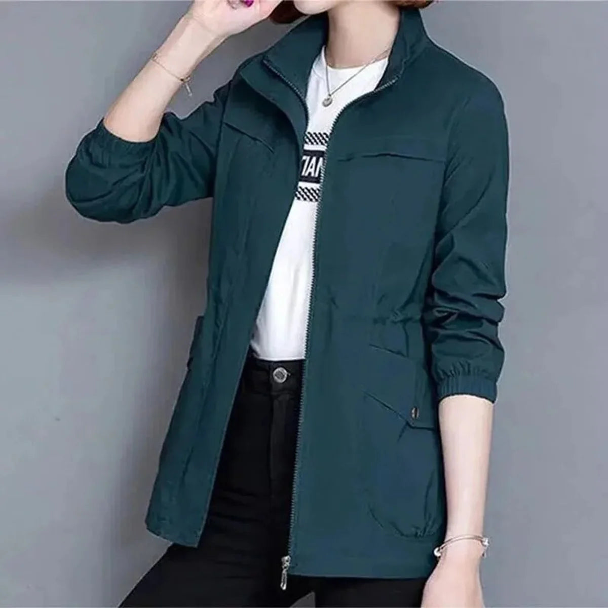 Blue Women's Lightweight Zip-Up Bomber Jacket with Drawstring Waist & Stand Collar — Mira