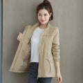 Khaki Women's Lightweight Zip-Up Bomber Jacket with Drawstring Waist & Stand Collar — Mira