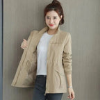 Khaki Women's Lightweight Zip-Up Bomber Jacket with Drawstring Waist & Stand Collar — Mira
