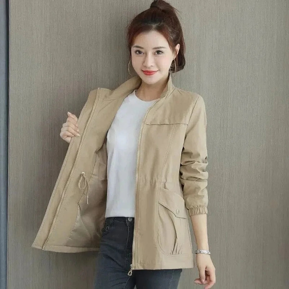 Khaki Women's Lightweight Zip-Up Bomber Jacket with Drawstring Waist & Stand Collar — Mira