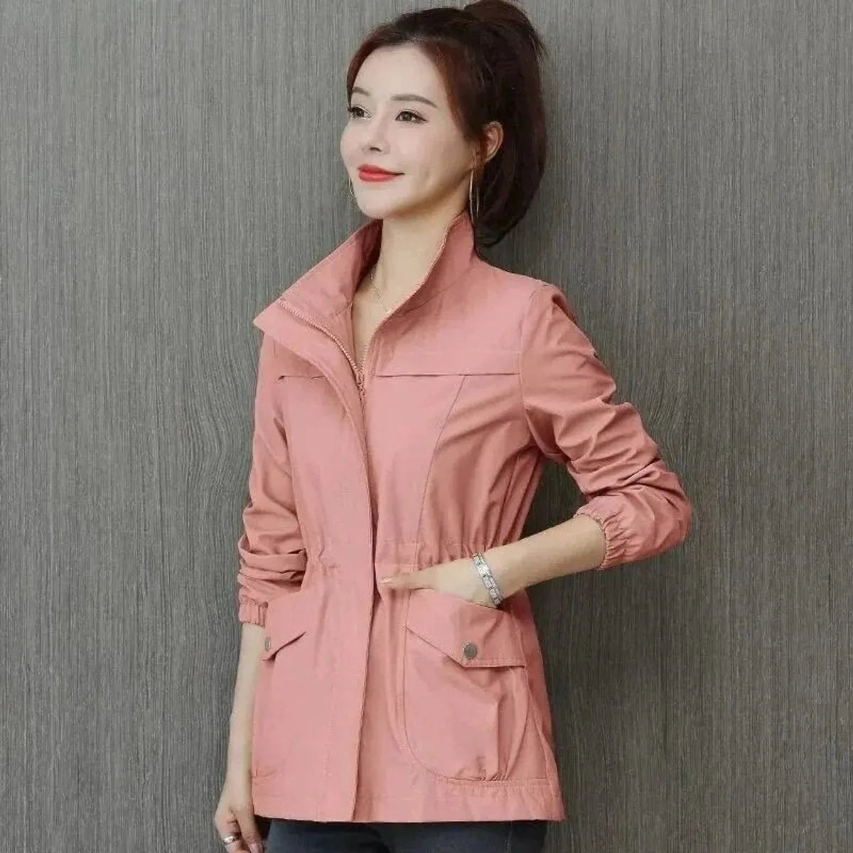 Pink Women's Lightweight Zip-Up Bomber Jacket with Drawstring Waist & Stand Collar — Mira