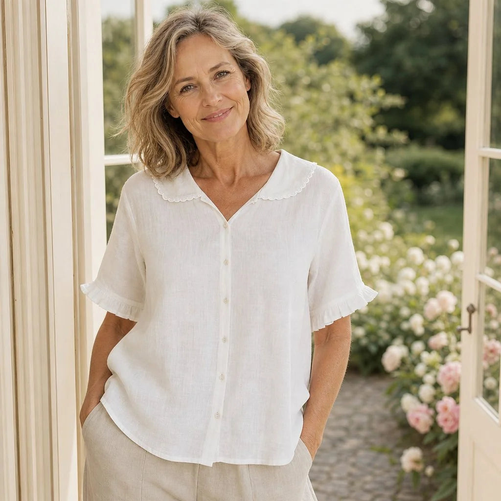 White Women's White Linen Blouse — Reese Ruffle Sleeve Scalloped Collar - Front Full