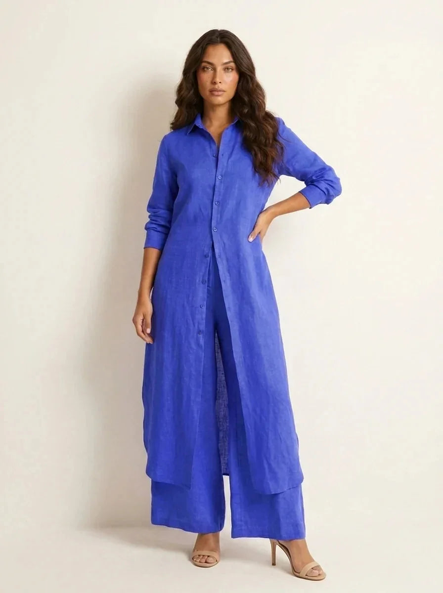 Blue Women's Linen Shirt Dress with Rolled Sleeves & Curved Maxi Hem