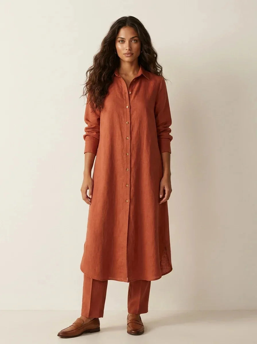 Brown Women's Linen Shirt Dress with Rolled Sleeves & Curved Maxi Hem — Edith