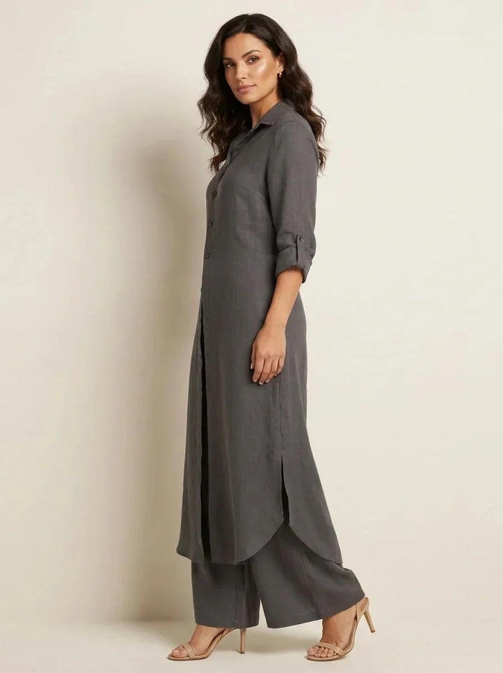 Dark Gray Women's Linen Shirt Dress with Rolled Sleeves & Curved Maxi Hem — Edith - Side Pose Hand