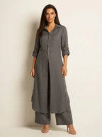 Dark Gray Women's Linen Shirt Dress with Rolled Sleeves & Curved Maxi Hem