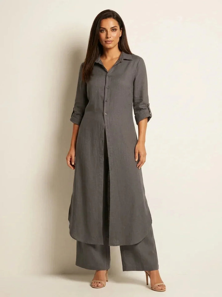 Dark Gray Women's Linen Shirt Dress with Rolled Sleeves & Curved Maxi Hem