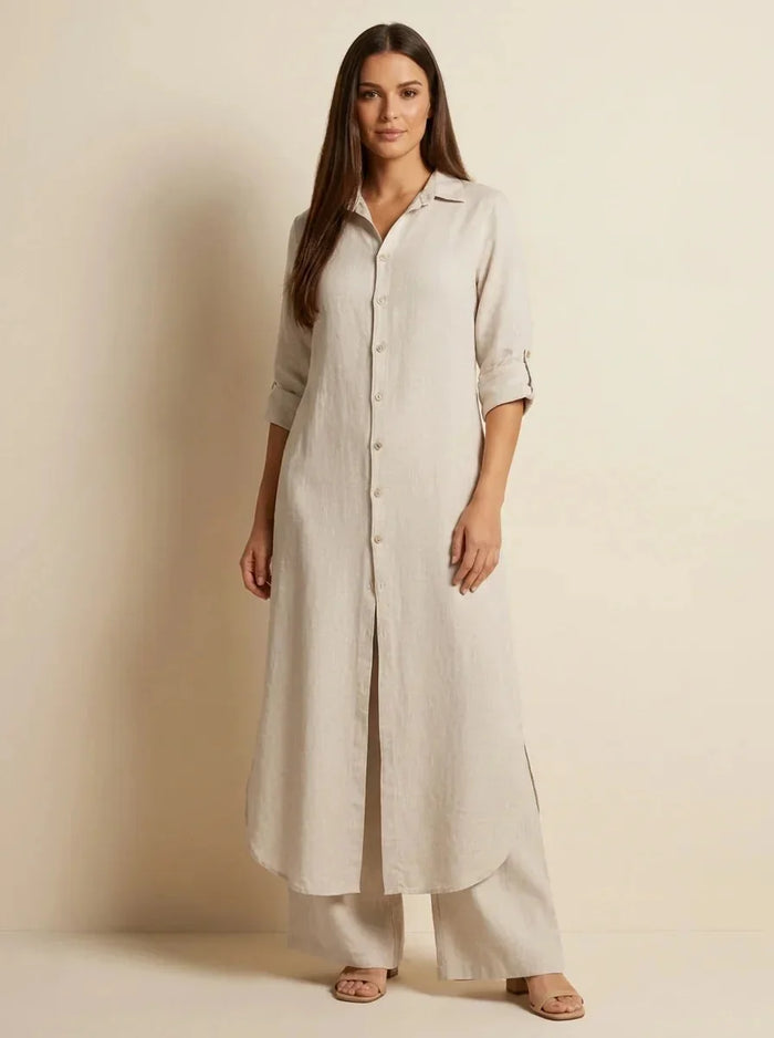 Khaki Women's Linen Shirt Dress with Rolled Sleeves & Curved Maxi Hem