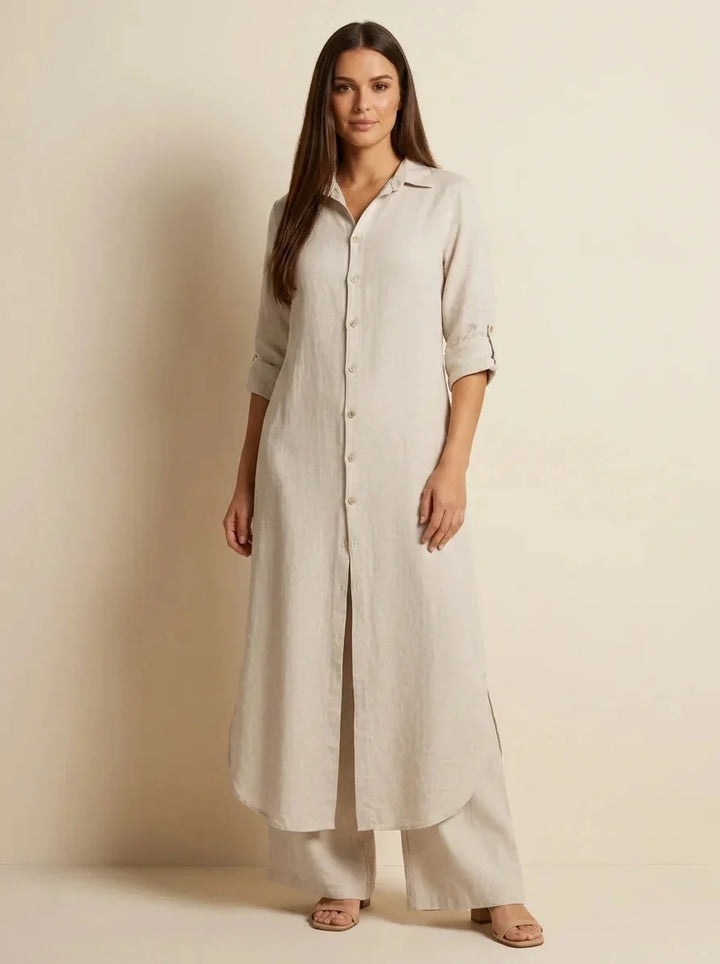Khaki Women's Linen Shirt Dress with Rolled Sleeves & Curved Maxi Hem