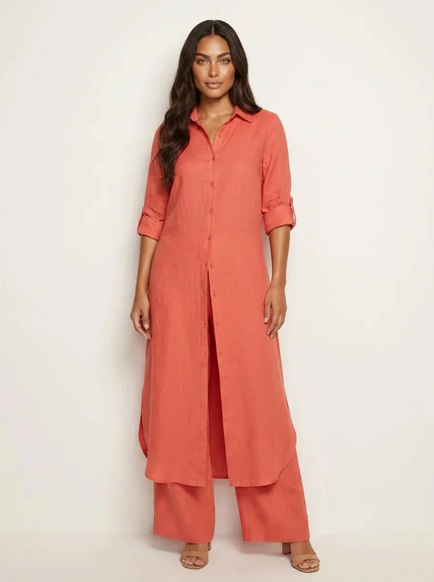 Red Women's Linen Shirt Dress with Rolled Sleeves & Curved Maxi Hem — Edith