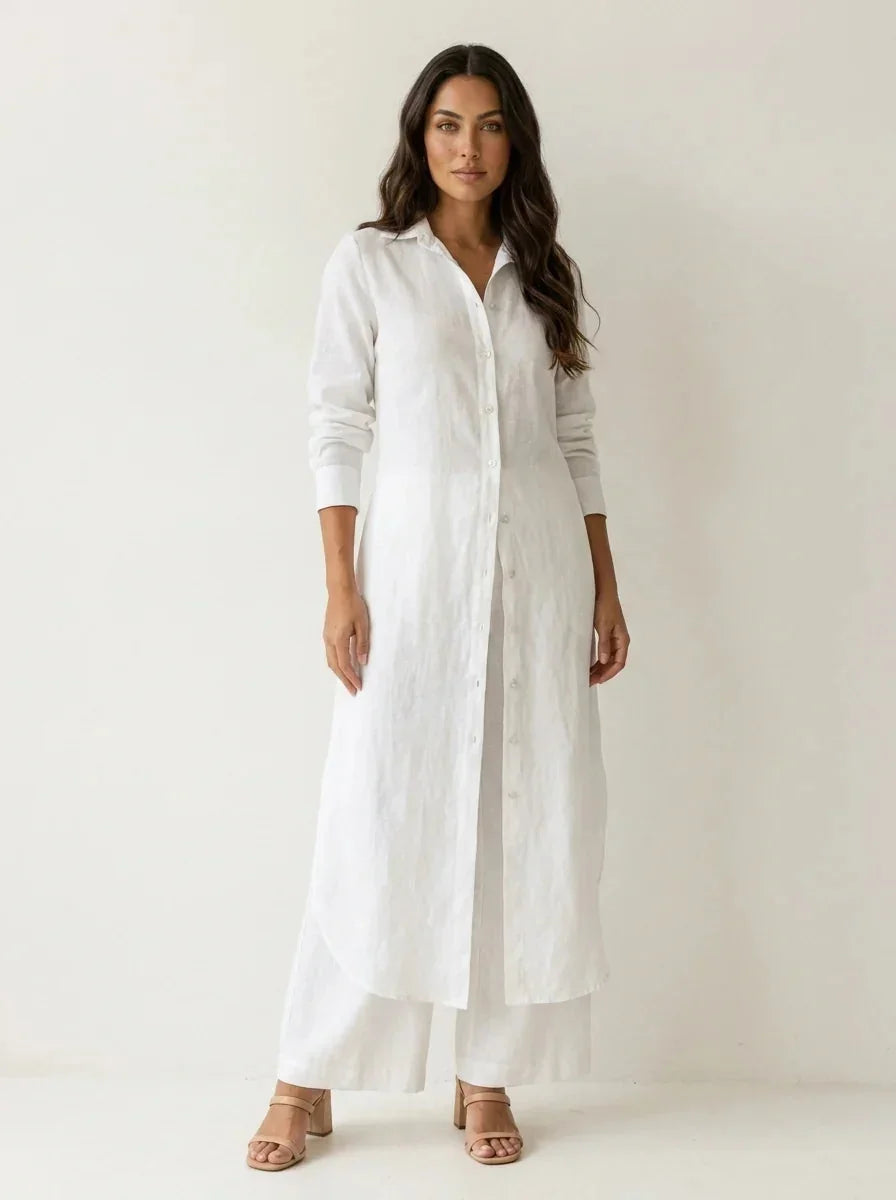 White Women's Linen Shirt Dress with Rolled Sleeves & Curved Maxi Hem