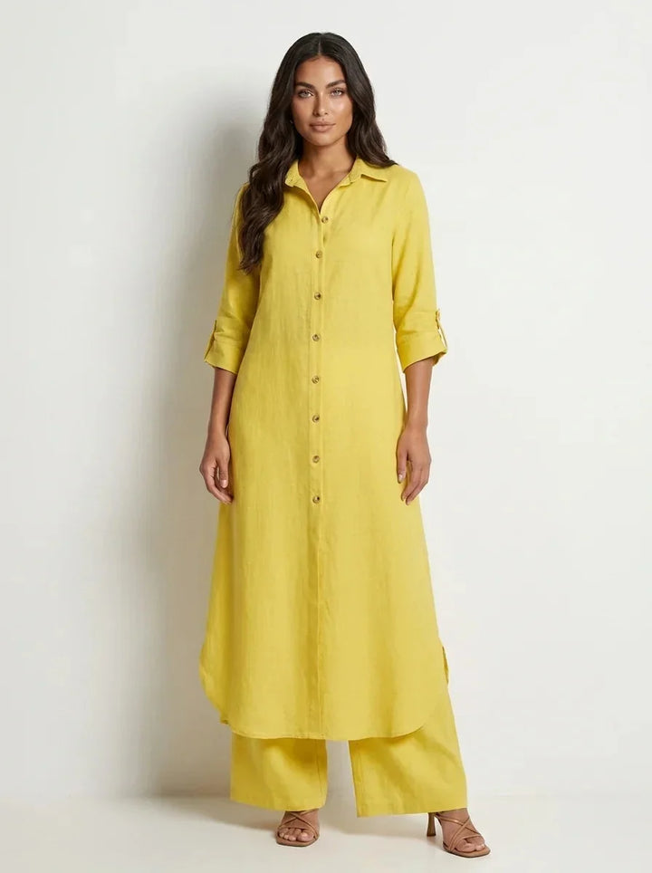 Yellow Women's Linen Shirt Dress with Rolled Sleeves & Curved Maxi Hem