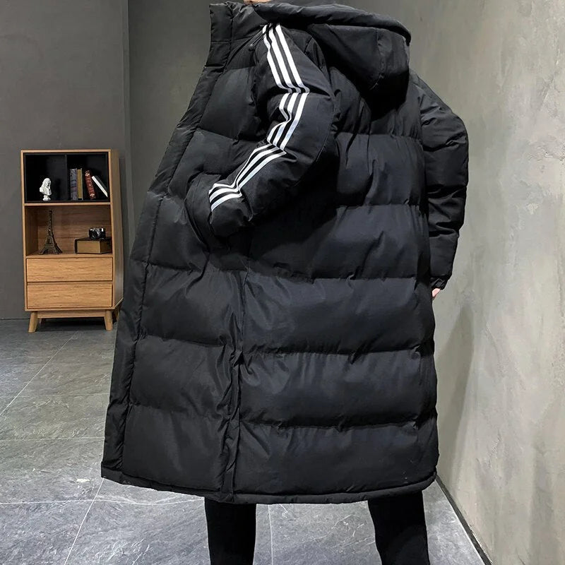 Women's Long Winter Coat with Hood & Striped Sleeve Detail - Back Full Hood Up