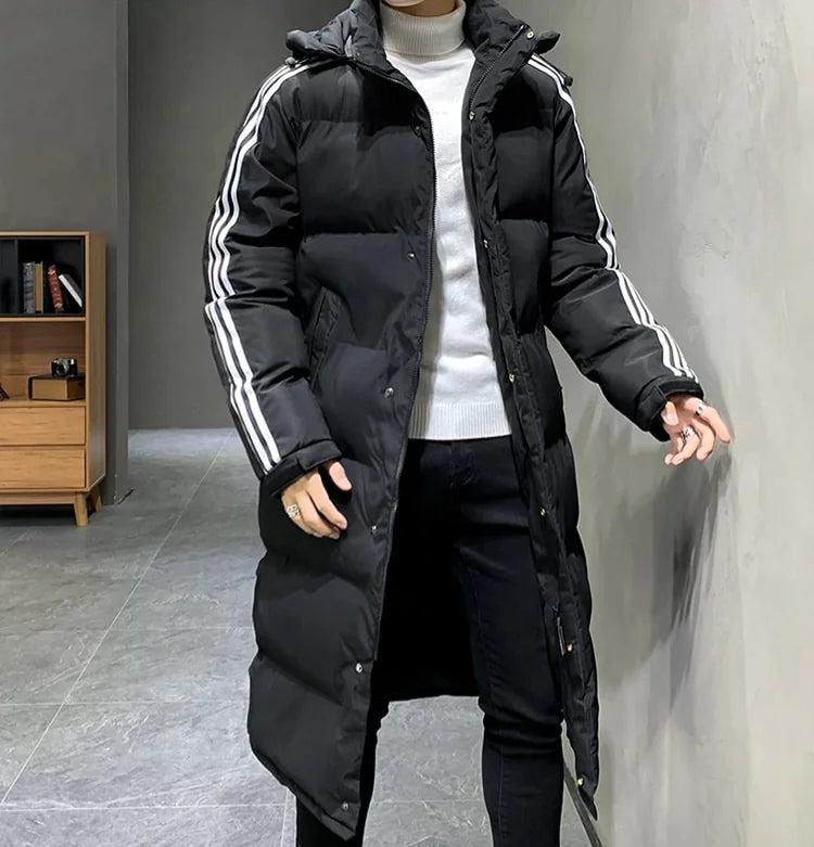 Black Women's Long Winter Coat with Hood & Striped Sleeve Detail — Georgia - Front Close Styled