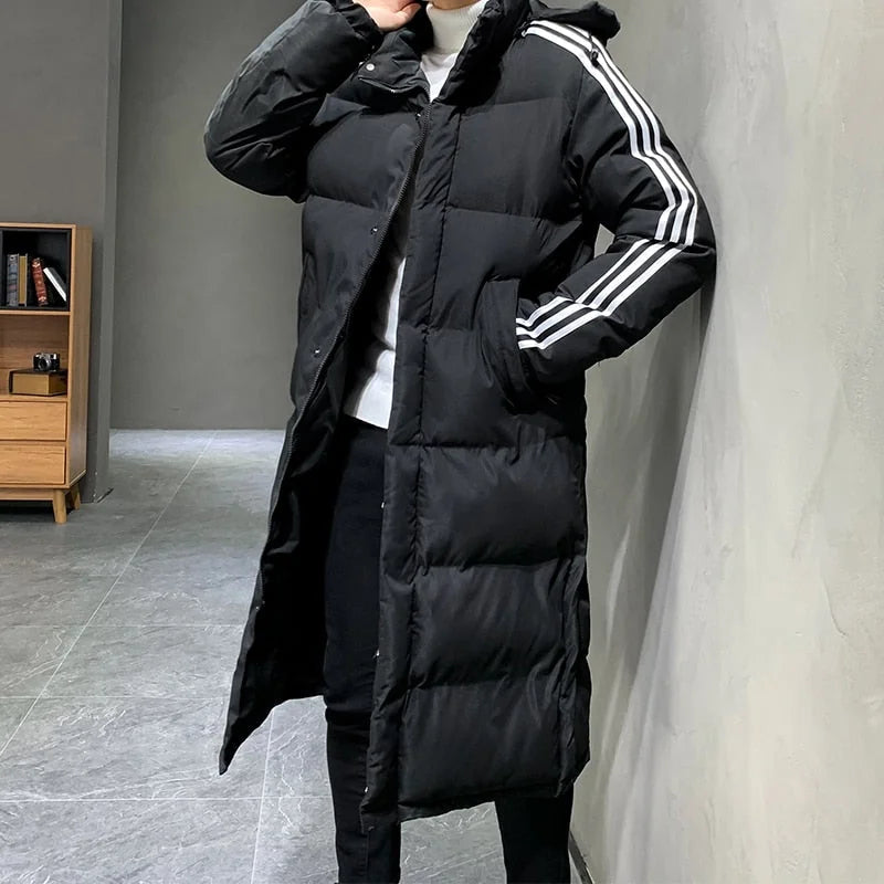 Women's Long Winter Coat with Hood & Striped Sleeve Detail - Front Full Standing